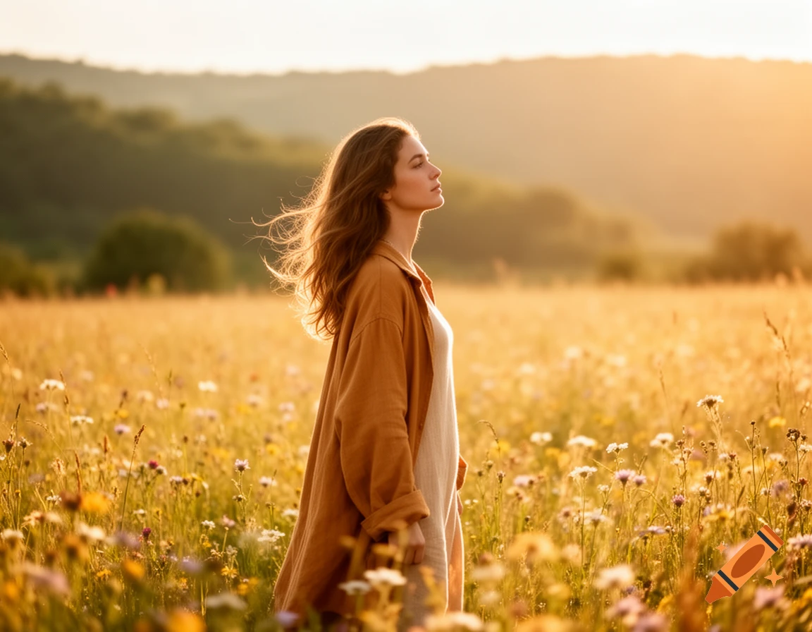 A woman with long hair stands in a field of wildflowers during golden ...