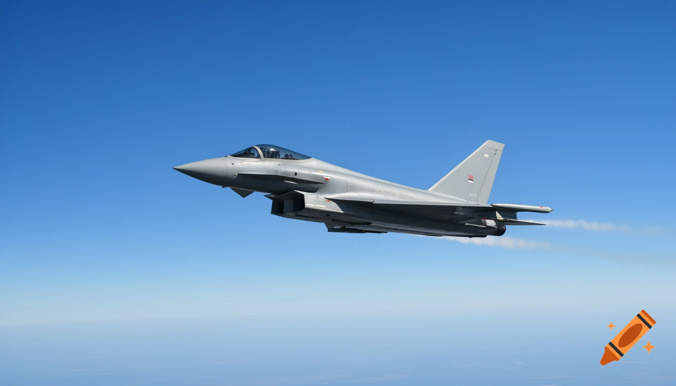 A grey Eurofighter jet flying through a clear blue sky, seen from a front-top view, leaving a faint contrail.