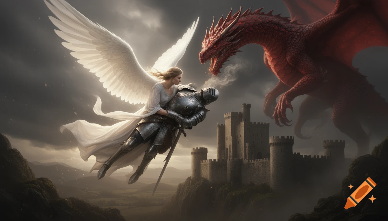 An angel in white robes carries a knight in armor away from a red dragon over a medieval castle under a stormy sky.