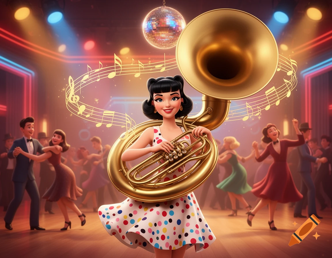 A 3D cartoon woman with black hair in a polka dot dress plays a golden sousaphone at a lively dance party with a disco ball.