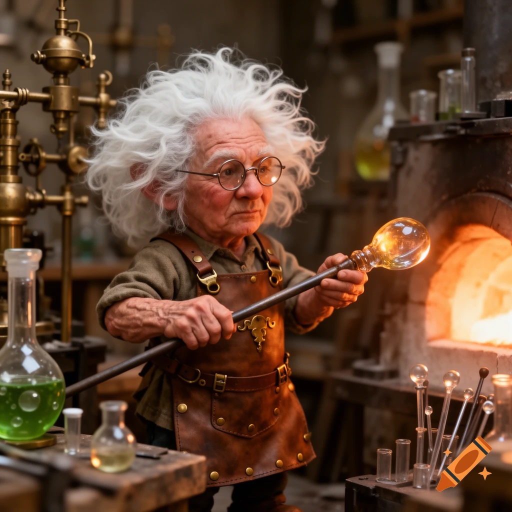 A wise, white-haired gnome artificer with glasses glass-blows a glowing orb in a detailed workshop with a furnace and flasks.