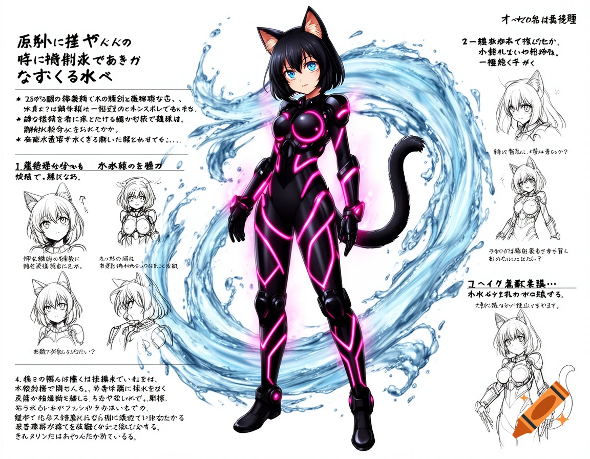 Anime character sheet of a black-haired cat girl in a black and pink superhero suit with swirling water, surrounded by sketches and Japanese text.