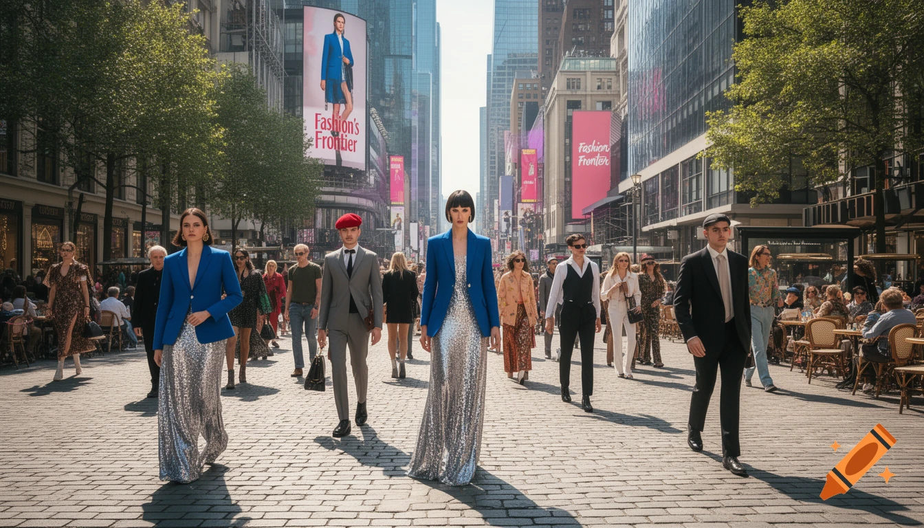 Photorealistic image of fashion models walking down a busy city street lined with tall buildings and storefronts.