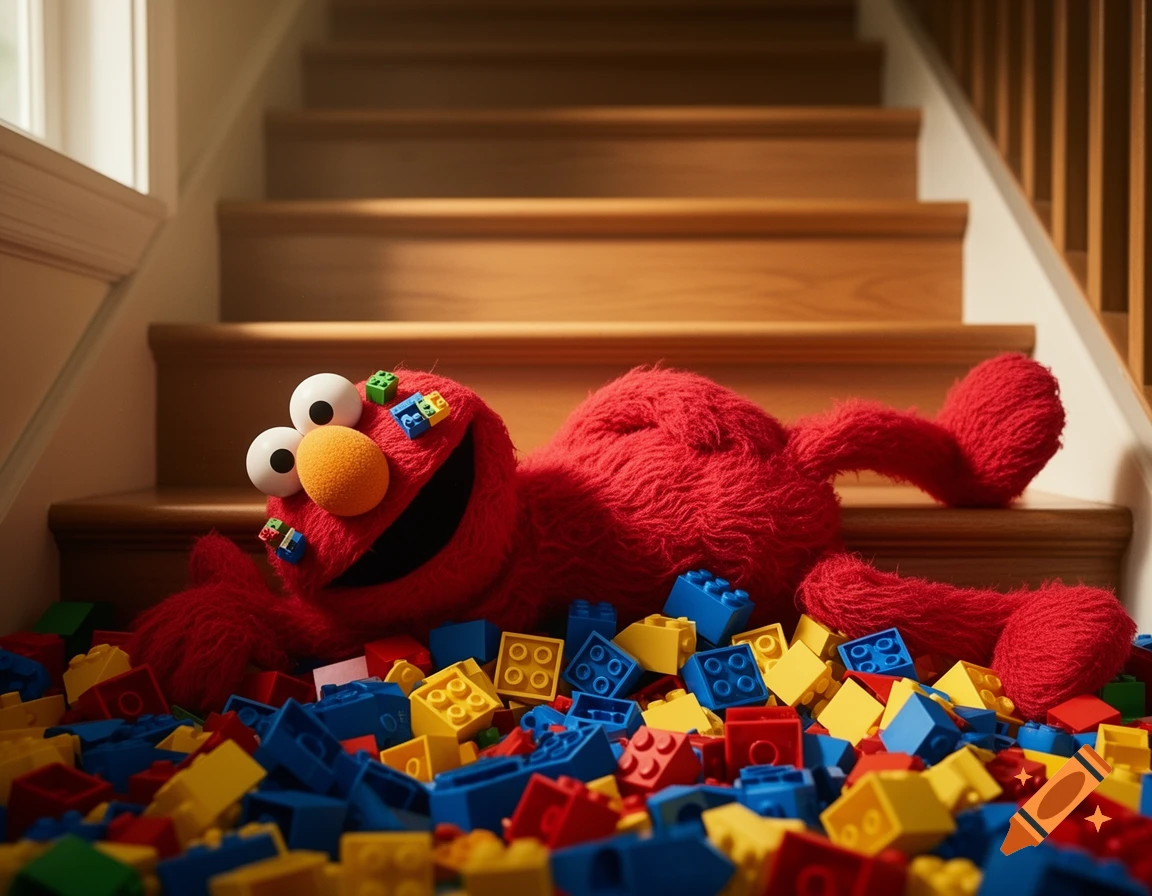 A red Elmo plush toy smiling happily, lying on a wooden staircase amidst a pile of colorful LEGO bricks, with some bricks stuck to its face.