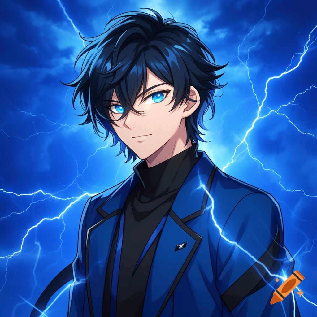 Anime boy with dark blue hair and bright blue eyes, wearing a blue jacket against a stormy blue background with lightning.