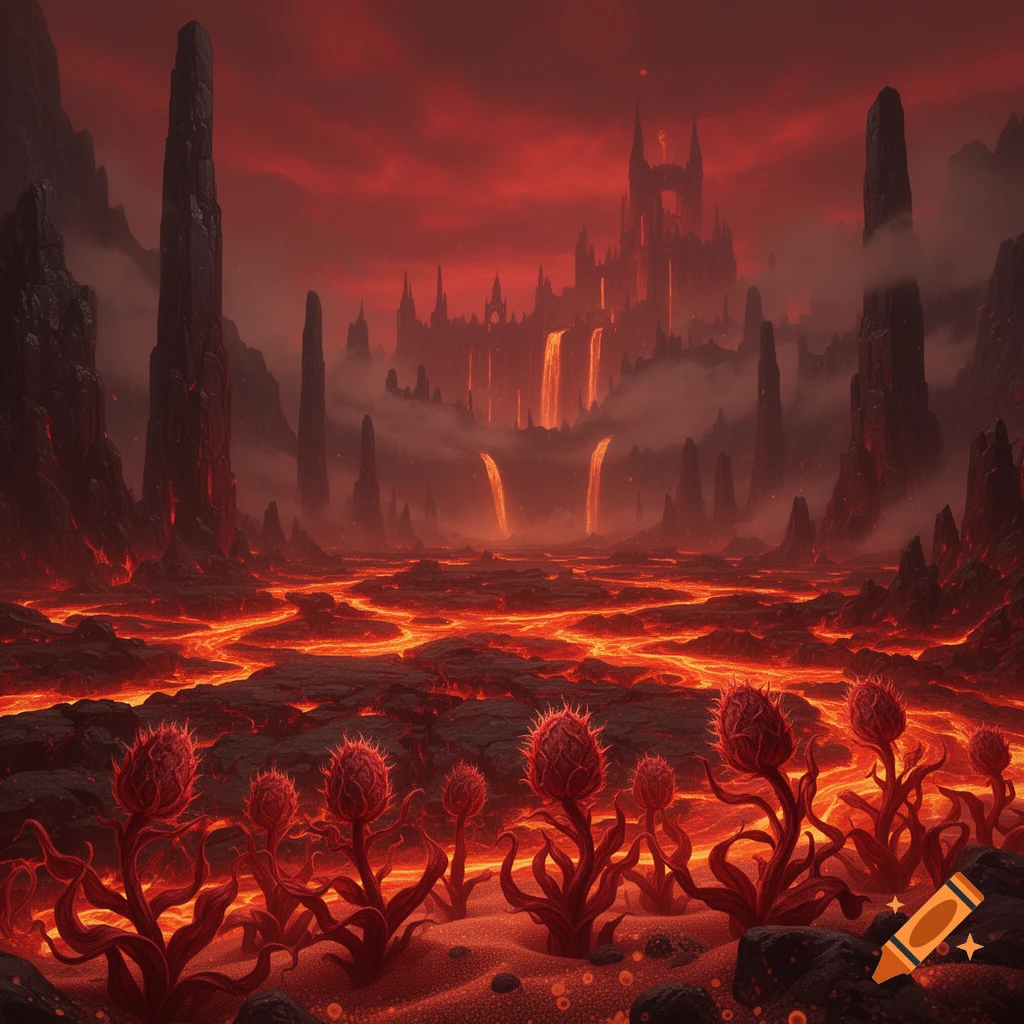 A dramatic fantasy landscape depicts a fiery 'nether' realm with rivers of lava flowing across dark terrain, jagged mountains, a distant gothic castle, and strange red glowing plants in the foreground under a blood-red sky.