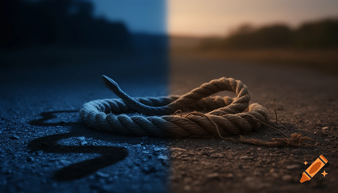 A coiled rope on the ground, half in dark shadow with a snake-like illusion, half in warm light revealing it is just rope.