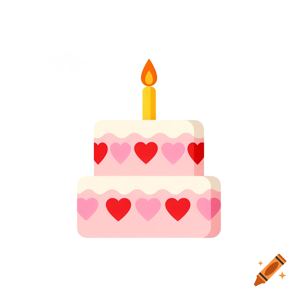 A two-tier pink birthday cake decorated with red and light pink hearts, topped with a single lit candle.