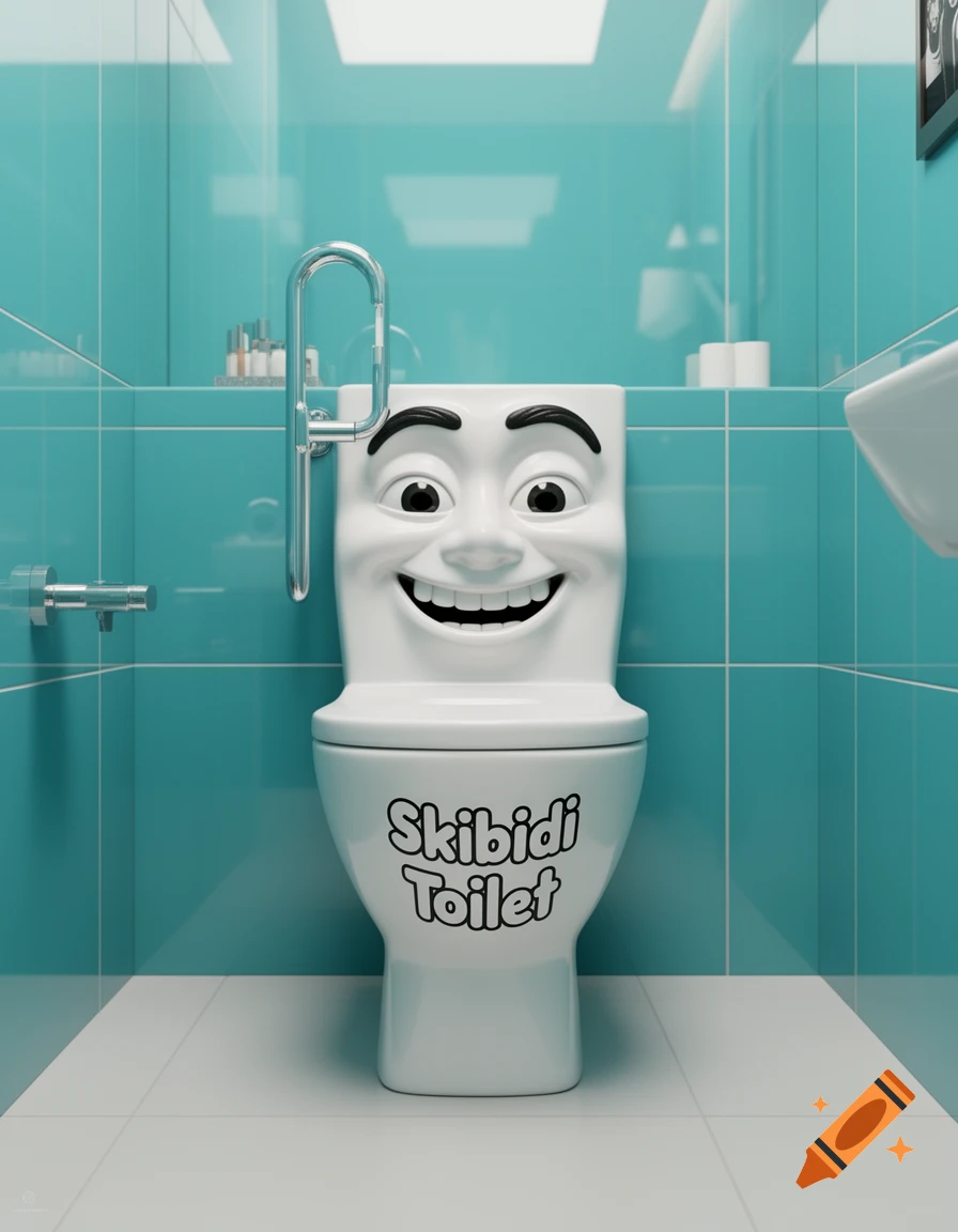 A white cartoon toilet with a smiling face and black eyebrows stands in a turquoise tiled bathroom. The text 'Skibidi Toilet' is on its bowl.