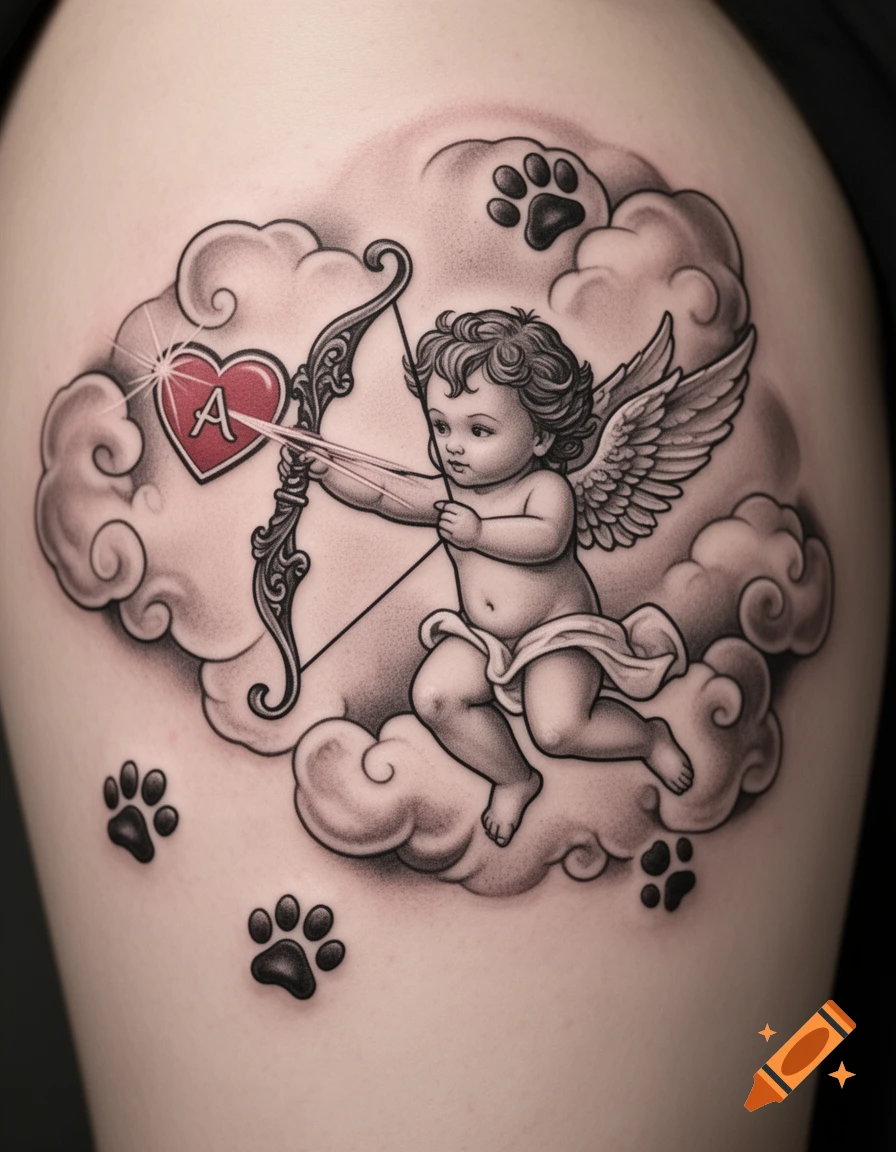 A black-and-white tattoo of a cherub shooting a heart-tipped arrow with an 'A' inside, surrounded by clouds and paw prints.