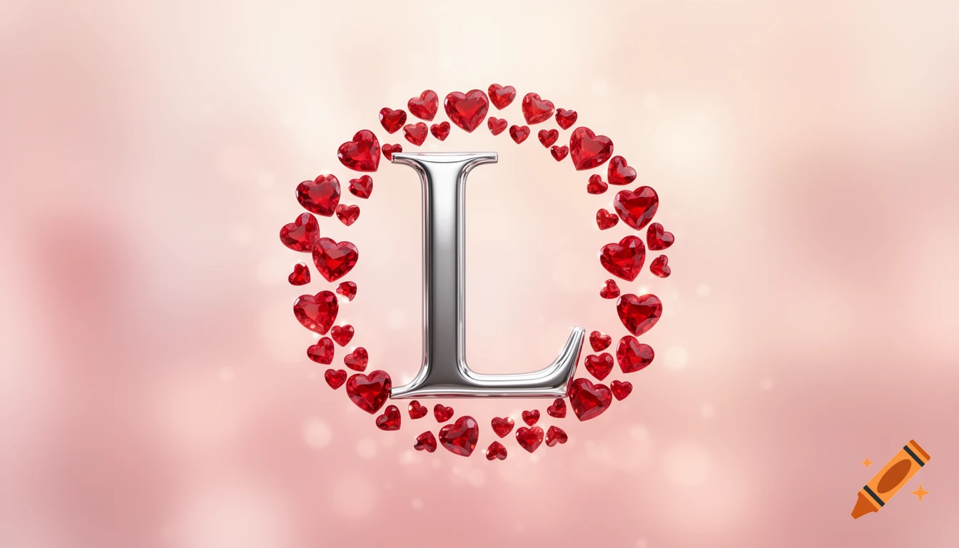 A shiny silver letter L surrounded by numerous sparkling red gem hearts on a soft pink background.