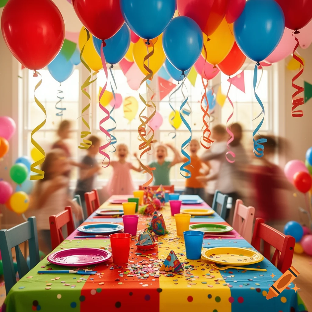 A colorful children's birthday party with balloons, streamers, and a table covered in confetti. Blurred children play in the background.