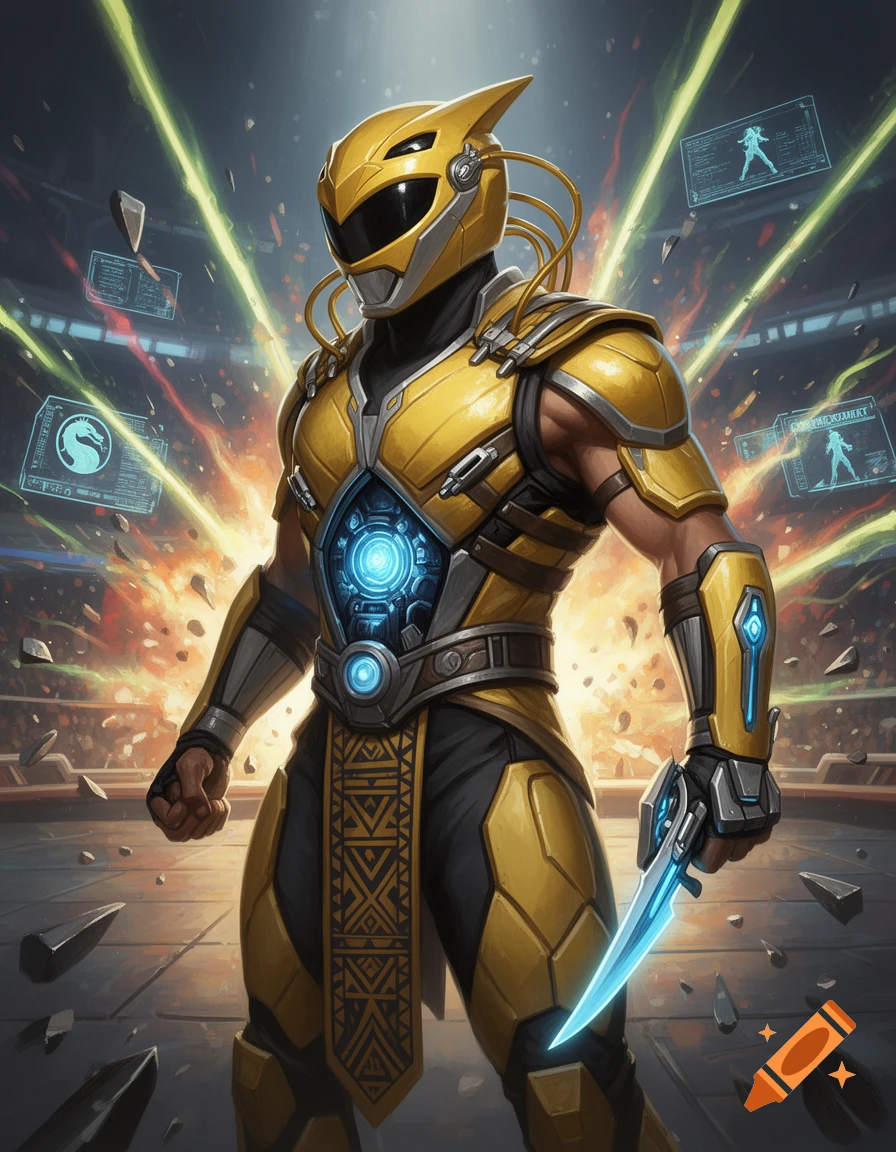 A cybernetic ninja in mustard-yellow armor with a 'beak-like' helmet stands in a stadium, holding a glowing blue blade, with holographic screens and explosions in the background.