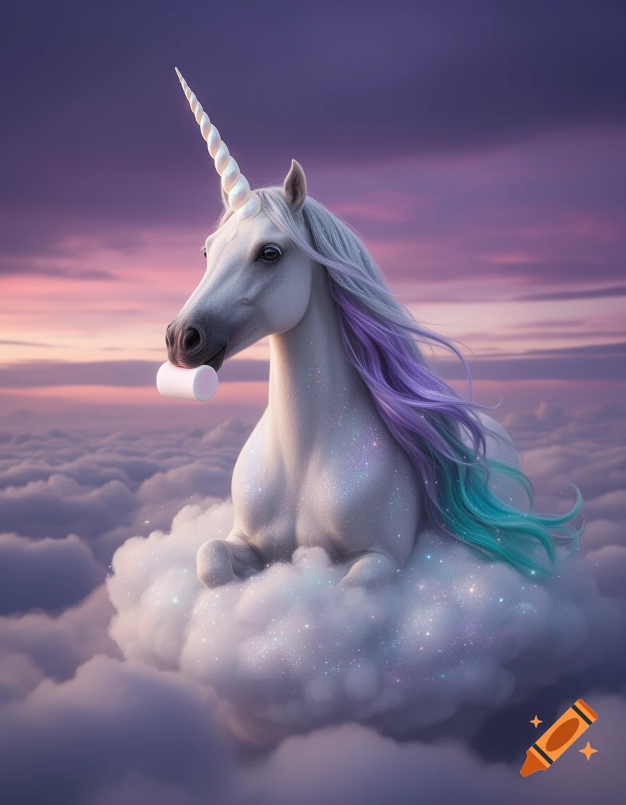 A majestic unicorn with a purple and teal mane sits on a glittery cloud in a sunset sky, eating a marshmallow.