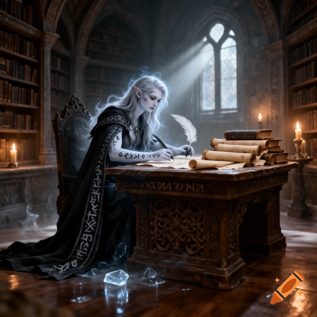 A pale-skinned shadar-kai elf with long white hair sits in a gothic library, writing on a scroll with a quill.