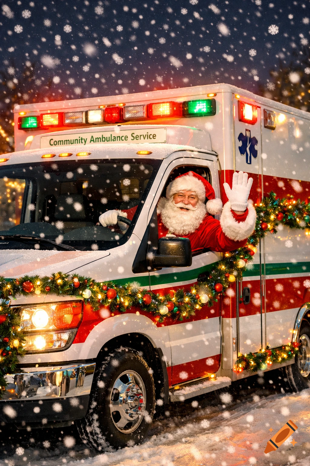Santa Claus waves from the driver's seat of a white ambulance decorated with festive Christmas lights and garland, in a snowy night.