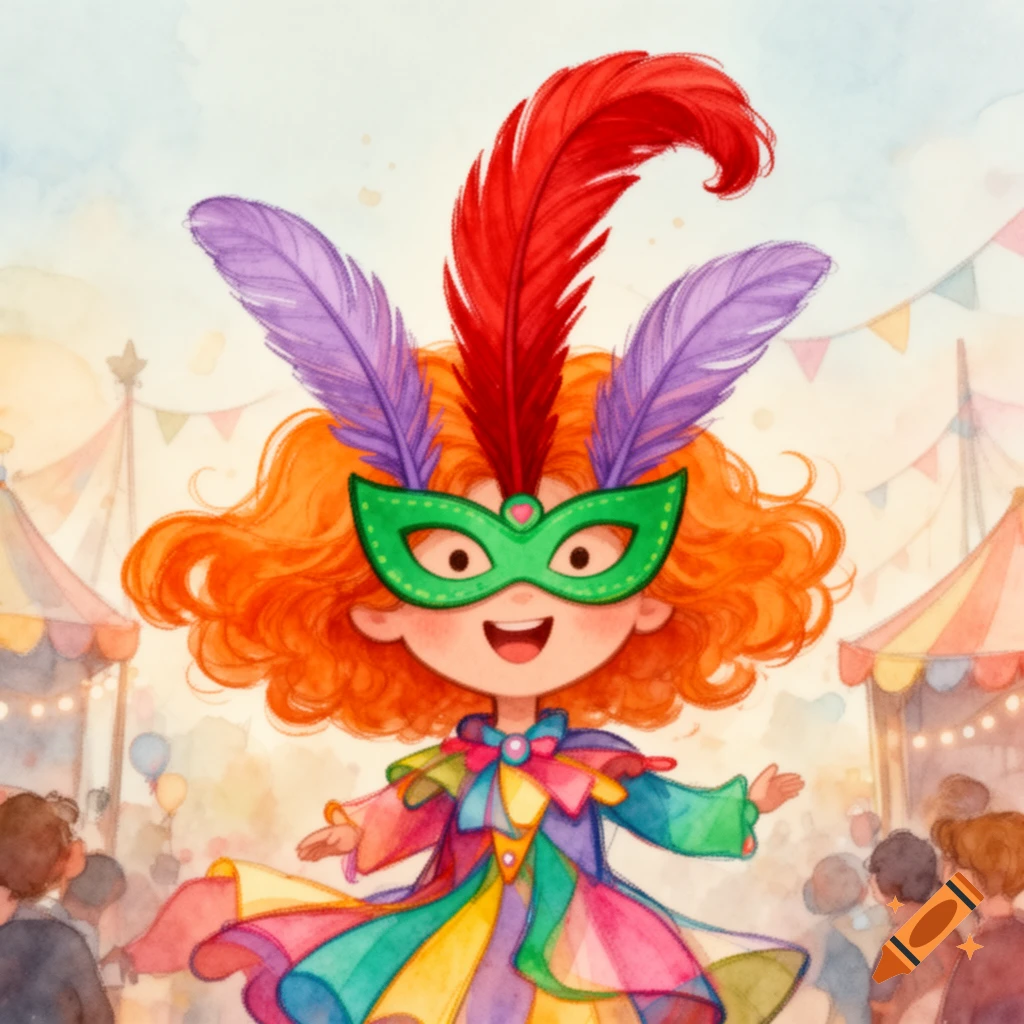 Watercolor illustration of a cheerful child with red curly hair, a feathered green mask, and a colorful carnival dress at a fair.