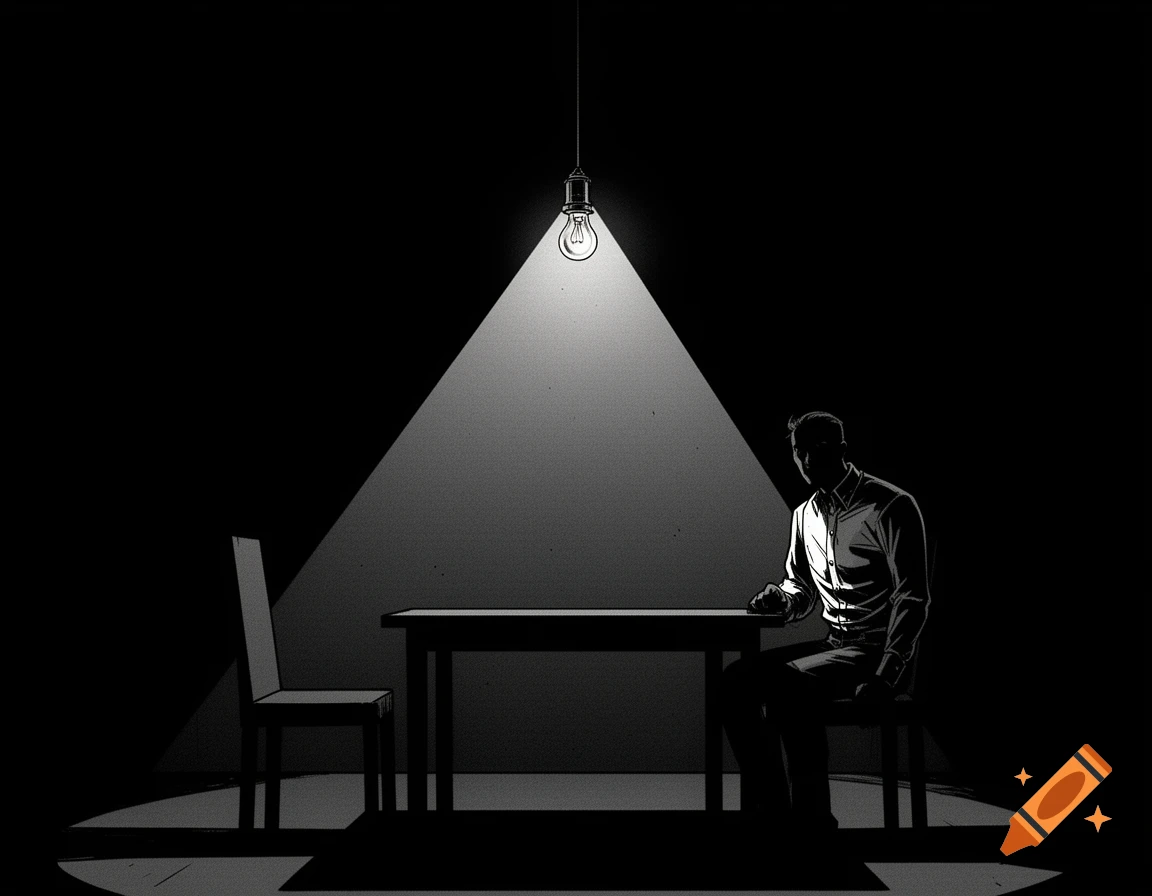 A man sits at a table in a dark, comic-style room, illuminated by a single overhead light bulb.