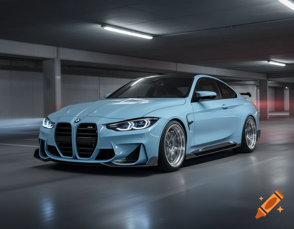 A baby blue BMW M4 Competition car, fully tuned, parked in a concrete underground garage.