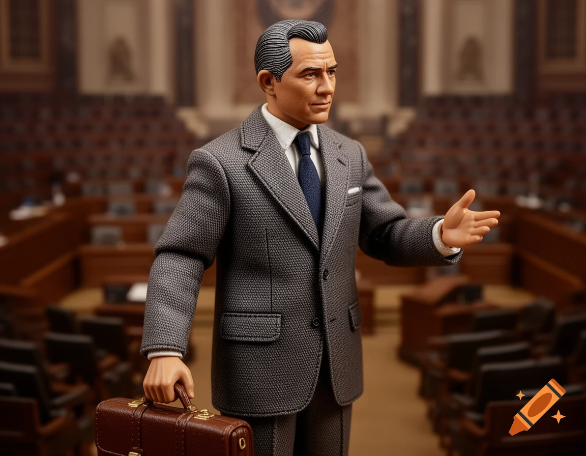 A detailed action figure of a man in a gray suit holding a briefcase and gesturing, standing in a legislative chamber.