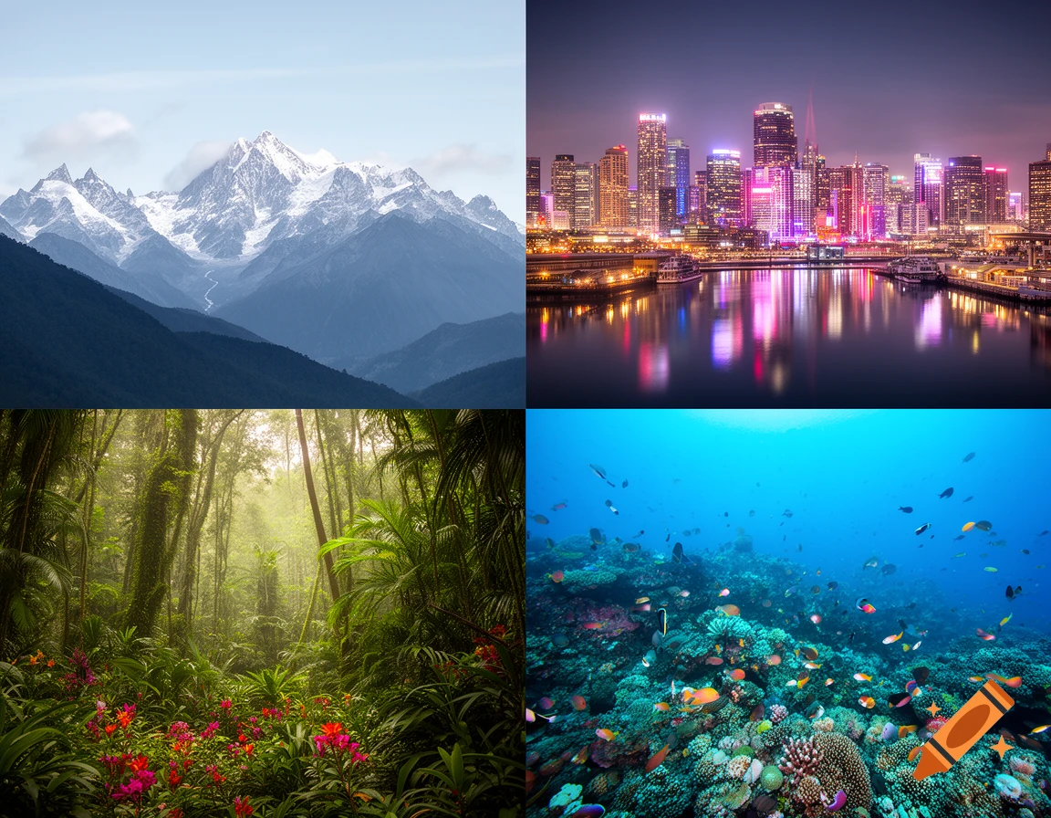 A four-panel collage: snowy mountains, a neon-lit city skyline, a lush rainforest, and a vibrant coral reef.