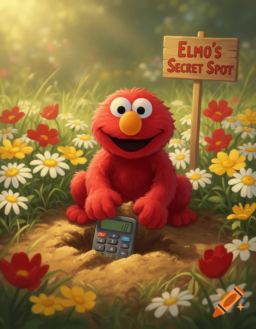 Elmo smiles while burying a calculator in a sunny, flower-filled field with a sign reading 'Elmo's Secret Spot'.