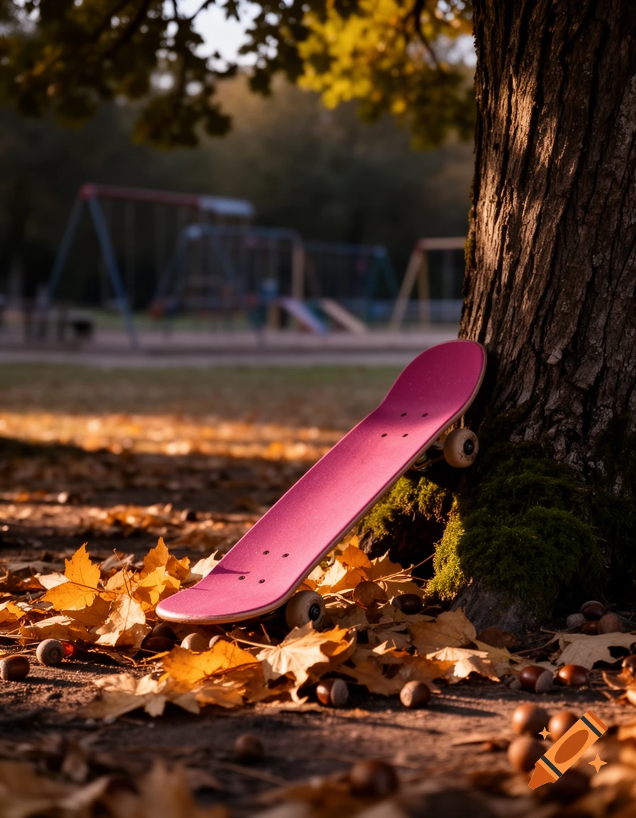 Pink skateboard leaning against a tree in a sunlit park, surrounded by fallen golden autumn leaves and acorns. Blurred playground in background.