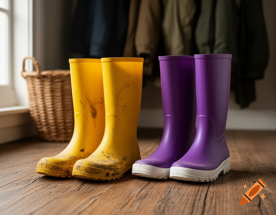Two pairs of wellies, one yellow and one purple, on a rustic wooden floor indoors.