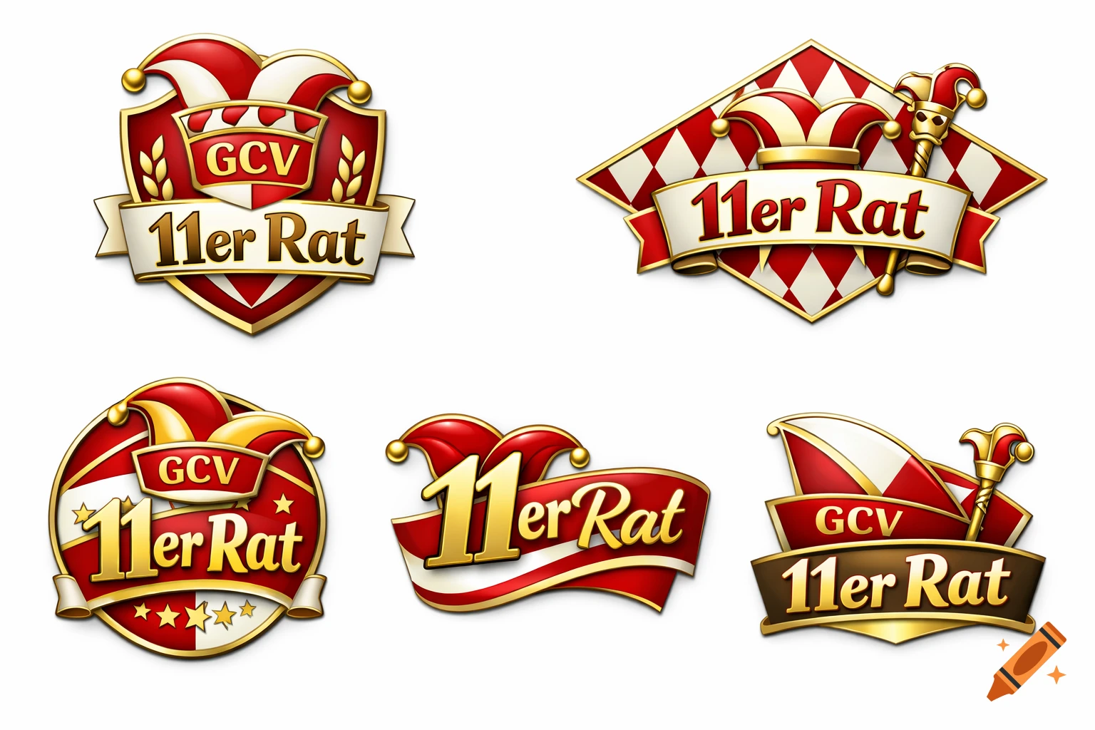 Five distinct carnival-themed badges in red, white, and gold, featuring jester hats, ribbons, and the text "GCV" and "11er Rat" in various designs.