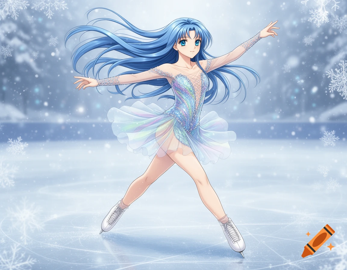 An anime girl with blue hair ice skates gracefully on an ice rink surrounded by falling snow.