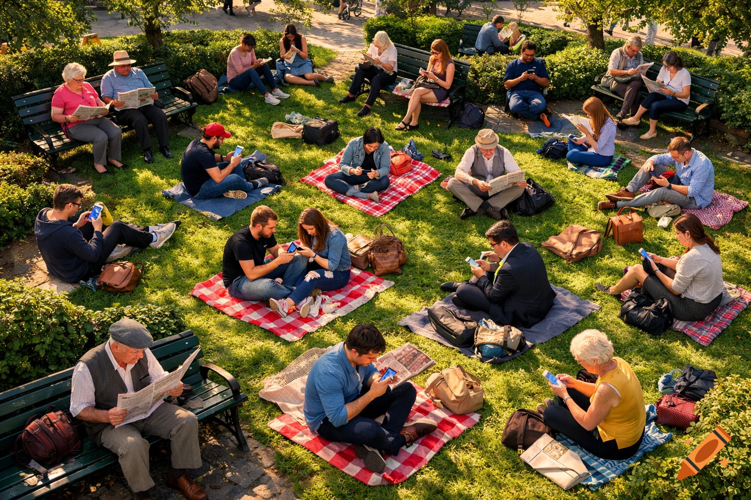Aerial view of a sunny park with many people of all ages relaxing. Some are reading newspapers, while others are engrossed in their smartphones.
