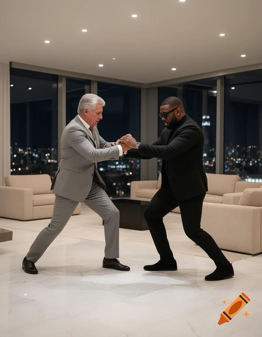 Two men in suits in a dramatic grappling pose inside a modern, luxurious apartment overlooking a city at night.