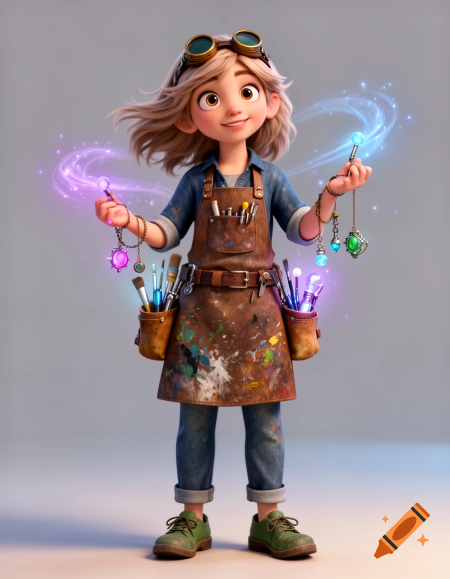 A cartoon-style artist named Dena Tidewright, wearing a paint-splattered apron and goggles, holds glowing magical trinkets, in a 3D Disney-inspired style.