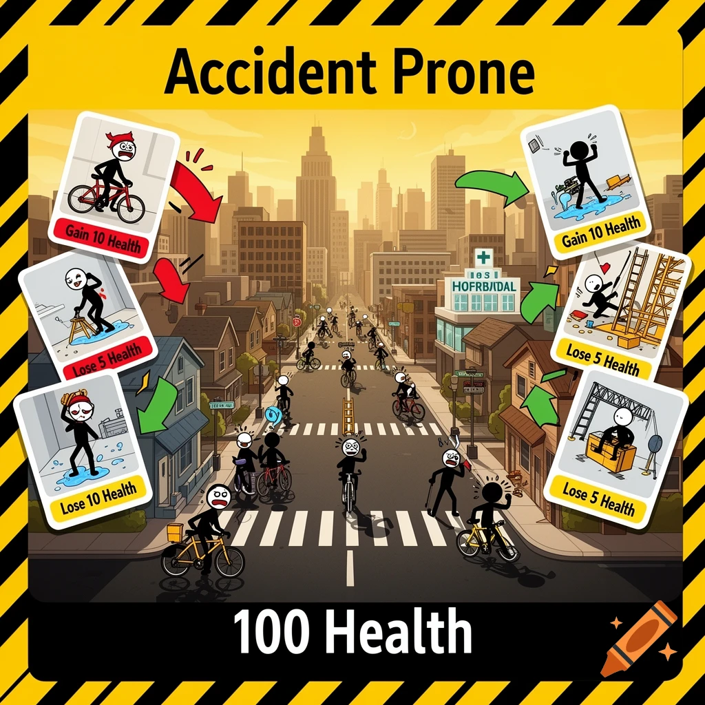 An illustration for an 'Accident Prone' card game, featuring stick figures in a city scene with cards showing them gaining or losing health from accidents. The scene has a yellow and black border.
