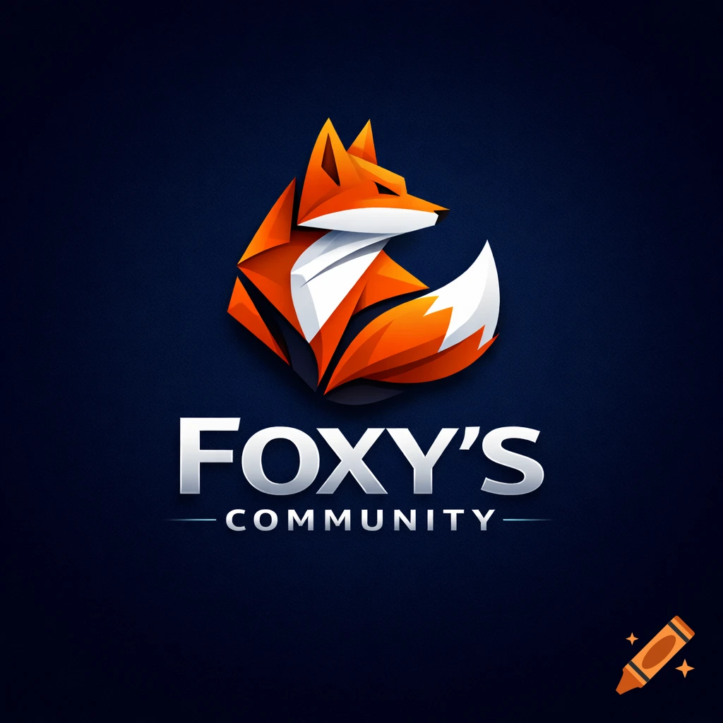 A stylized, geometric orange and white fox logo above the text "FOXY'S COMMUNITY" on a dark blue background.