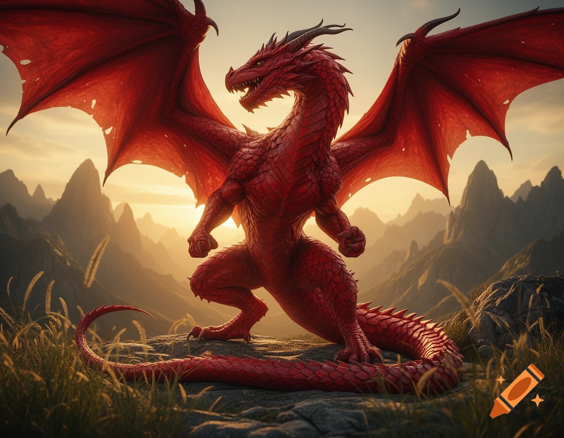 A powerful, muscular red dragon with large wings and scales stands ...
