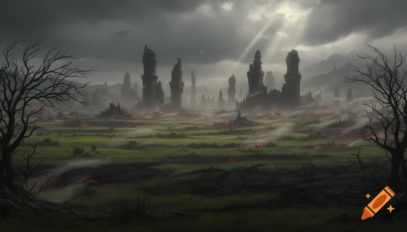 A dark, eerie fantasy landscape with ruined towers, bare trees, misty green fields, and glowing embers under a stormy sky.