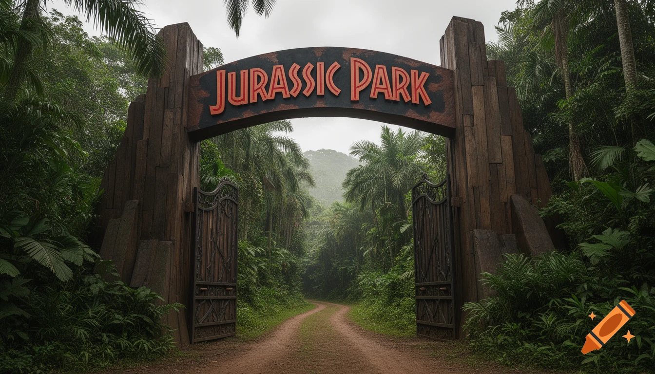 Photorealistic image of the iconic 'JURASSIC PARK' entrance gates, made of stone and wood, opening to a misty jungle path.