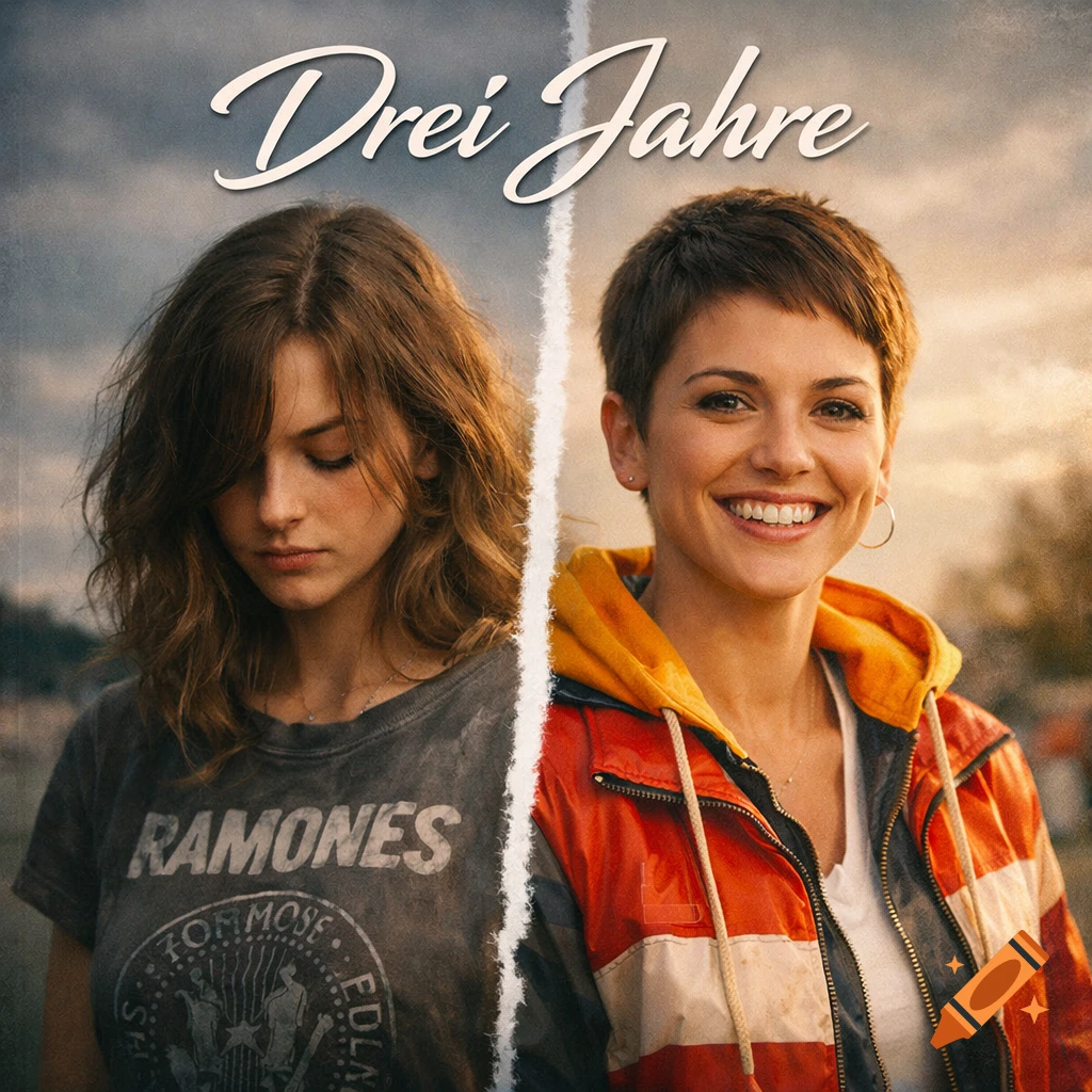 A split image of two women. On the left, a sad woman with long hair and a Ramones t-shirt. On the right, a smiling woman with short hair and a colorful jacket. Text at the top reads 'Drei Jahre'.