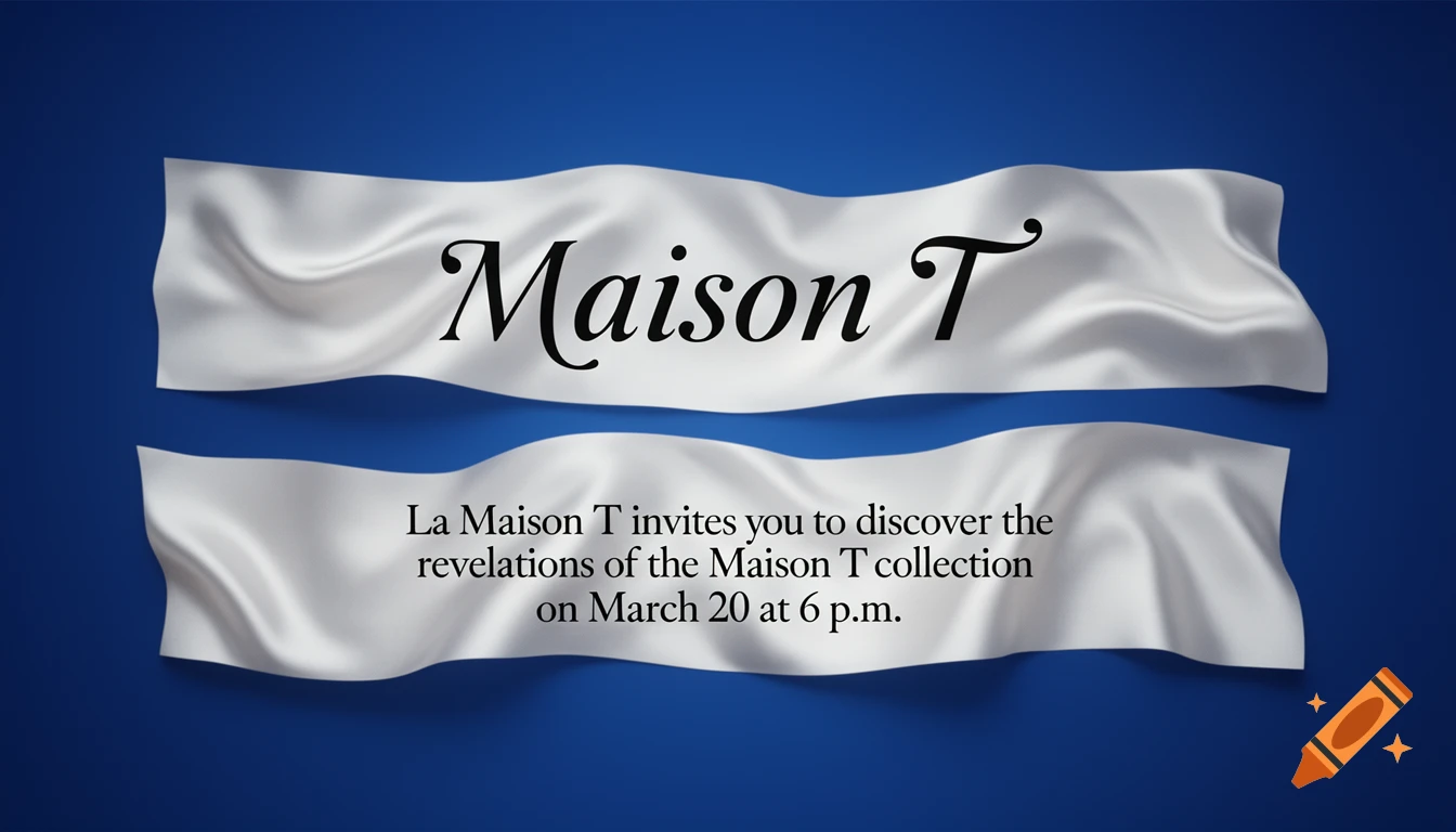 White wavy ribbons with black text 'Maison T' and an event invitation on a blue background.