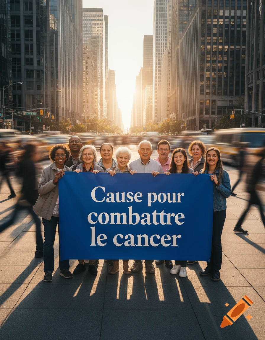 A diverse group of people holding a blue banner that reads 'Cause pour combattre le cancer' on a bustling city street.