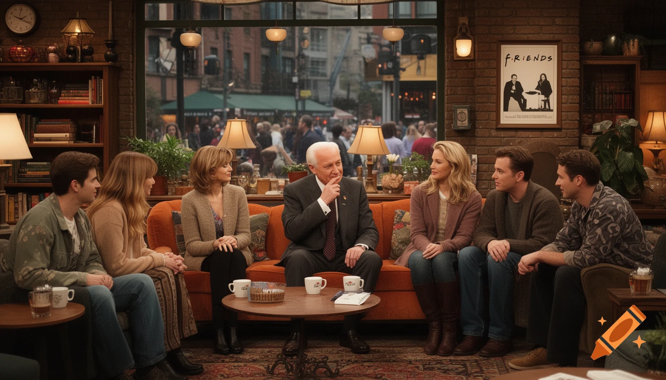 A group of people, including an older man resembling Harry Truman, sit on an orange couch in a coffee shop resembling Central Perk. A 'FRIENDS' poster hangs on the brick wall.