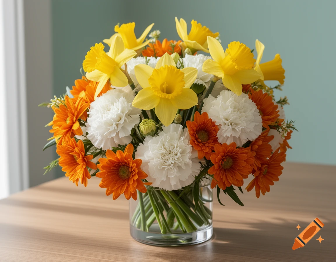 Photorealistic bouquet of yellow daffodils, white carnations, and orange flowers in a clear vase on a wooden table.