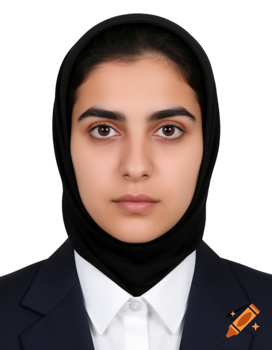 A professional biometric passport photo of a woman in a black hijab and dark suit against a white background.
