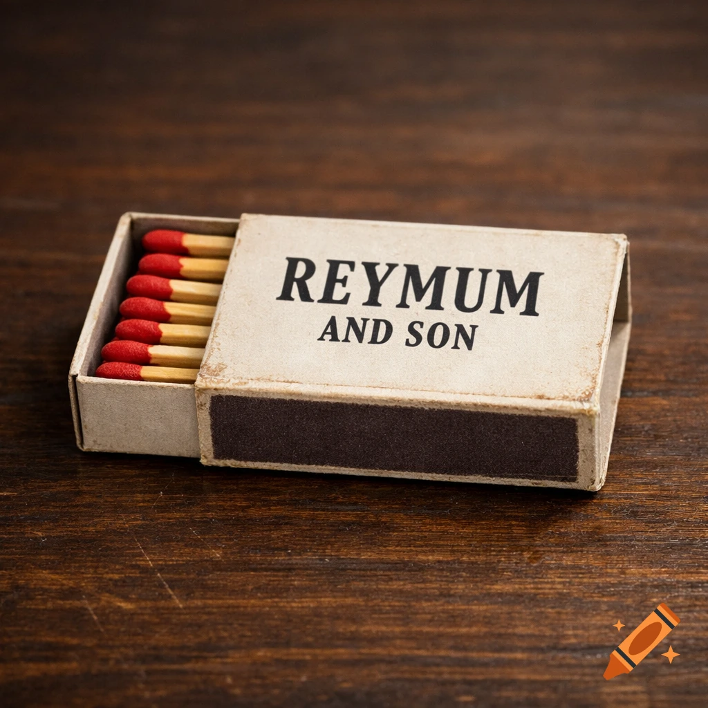 An open matchbox with red-tipped matches inside, displaying 'REYMUM AND SON' on its lid, resting on a dark wooden surface.