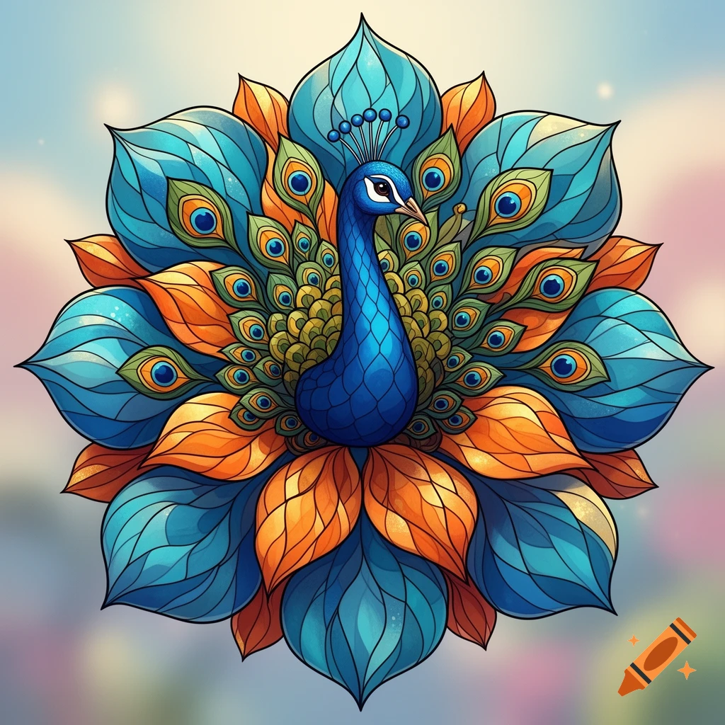 A vibrant, stylized peacock with ornate tail feathers, forming the center of a colorful, multi-petal flower in a graphic art style.