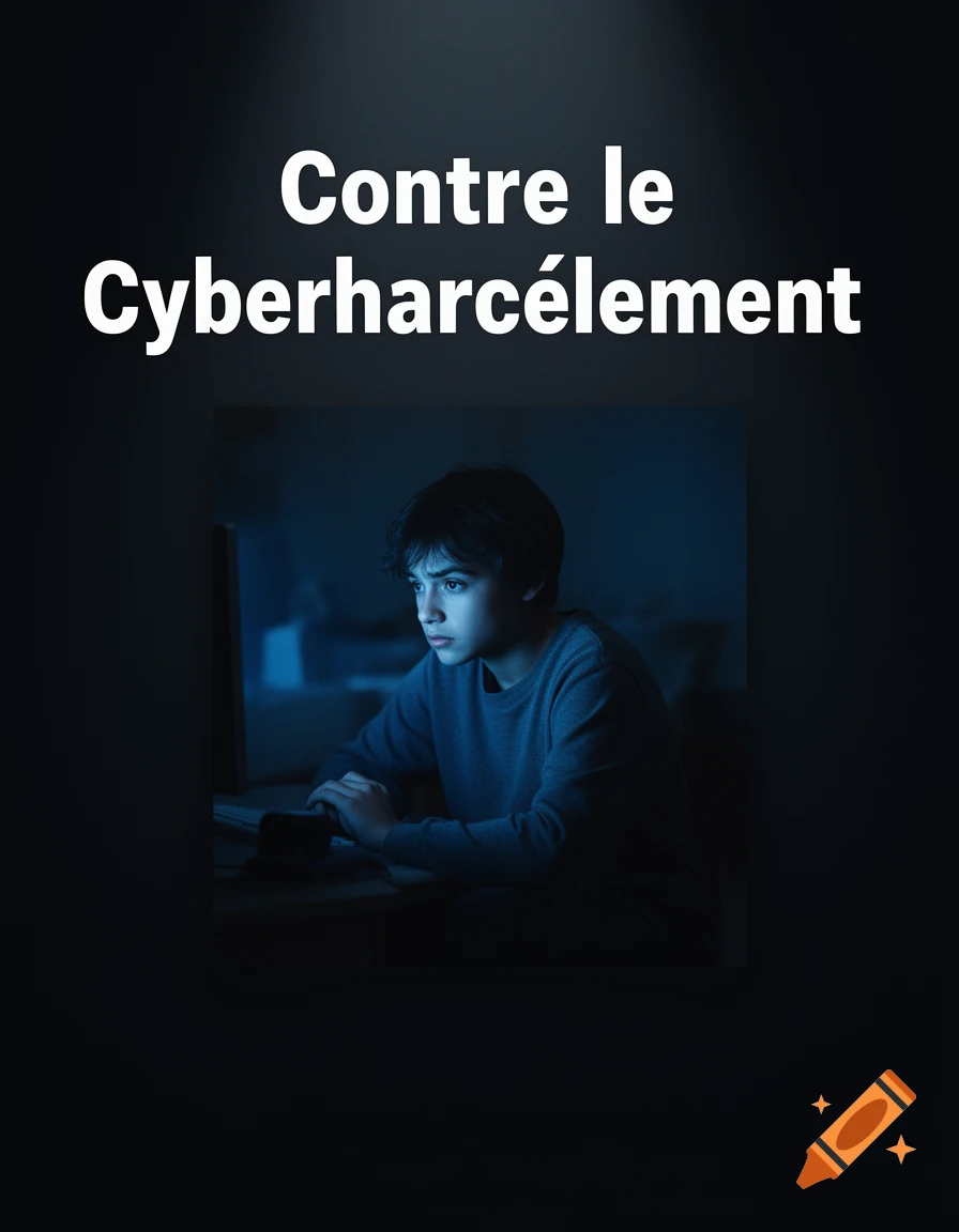 A young boy looks intently at a computer screen in a dark room, with the text "Contre le Cyberharcèlement" (Against Cyberbullying) above him.