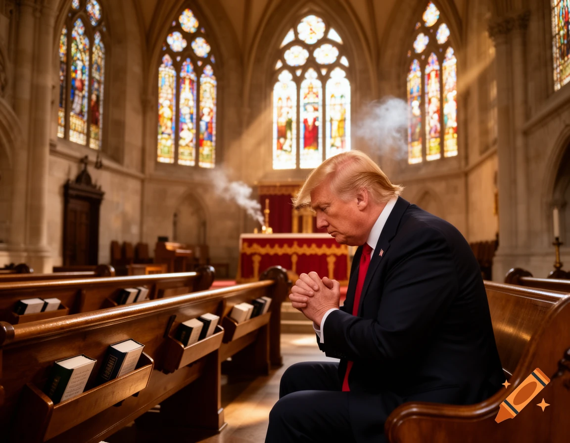 Donald Trump bows his head, hands clasped in prayer, inside a grand church with stained glass windows and light rays.