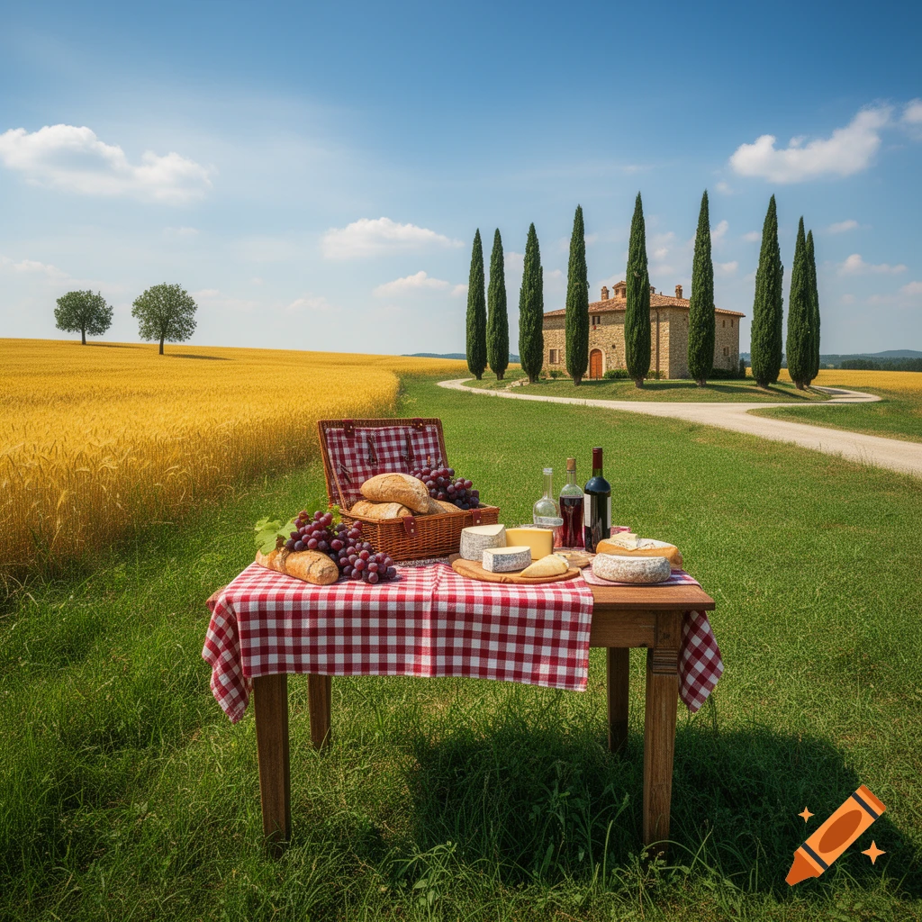 Photorealistic picnic table with wine, cheese, and bread on a checkered cloth in the Tuscan countryside.