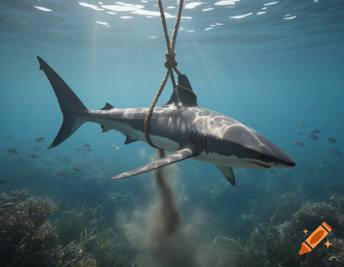 A large shark is suspended underwater by a rope tied around its tail, with sun rays piercing the blue water above a coral reef.